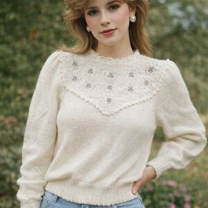 Vintage 1980s Dana Ashley Cream Rhinestone Pearl Bugle Bead Scallop Lace Sweater